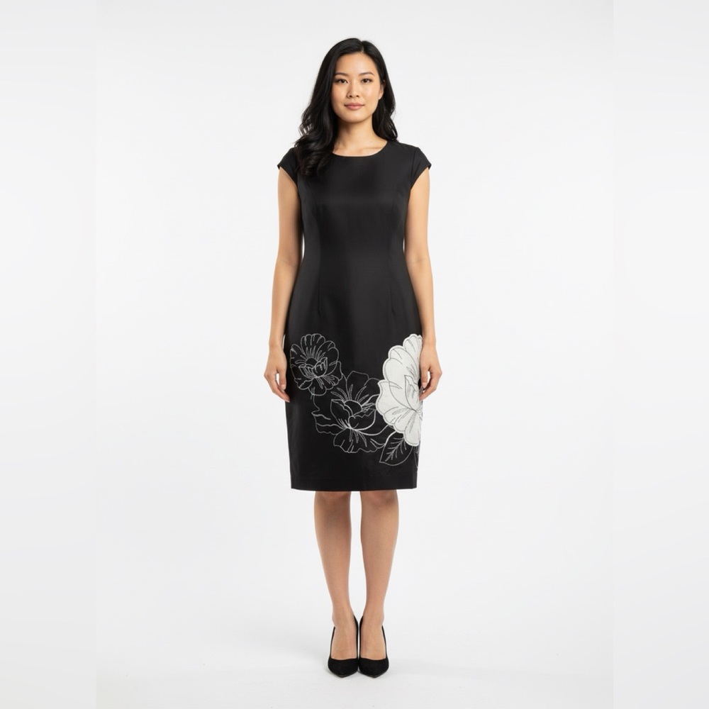 Ellen Tracy Black Midi Sheath Dress with White Floral Print
